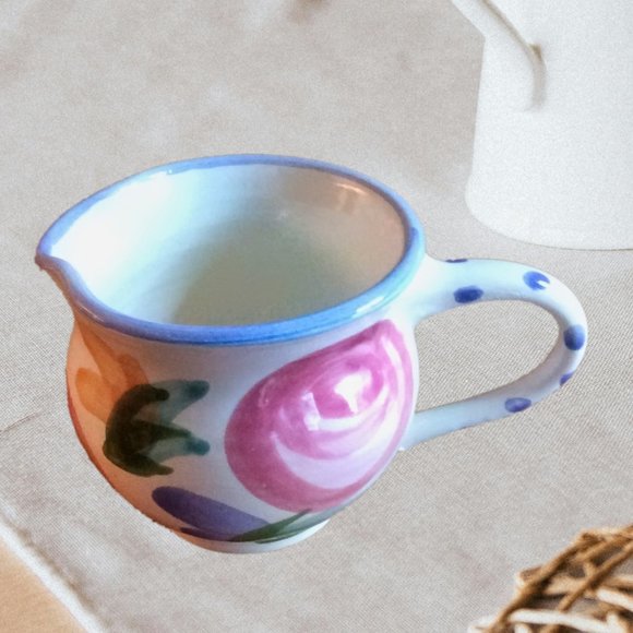 Other - Vtg Hand Painted Pottery Creamer Floral Motif Polka Dot Country Kitchen Decor